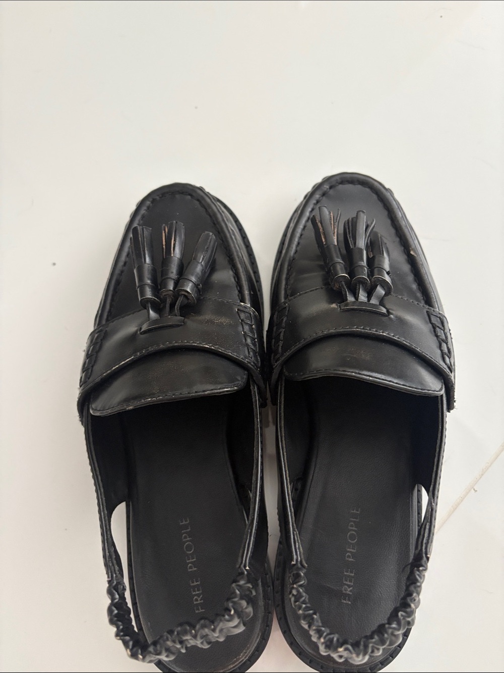 Free People Black Tassel Slingback Loafers with Elastic Heel size 6- worn 1 time